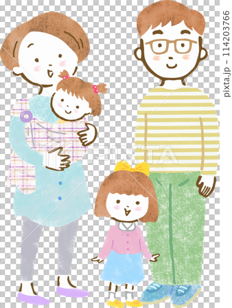 子供（女児）が2人いる家族4人の全身手描きイラスト 114203766