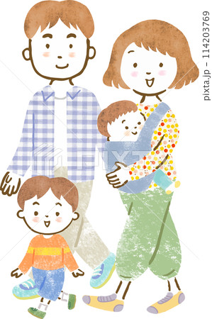 子供（男児）が2人いる家族4人の全身手描きイラスト 114203769