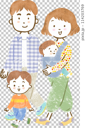 子供（男児）が2人いる家族4人の全身手描きイラスト 114203769