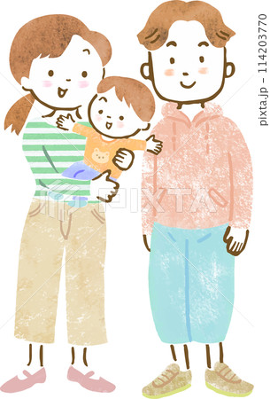 子供（男児）が1人いる3人家族の全身手描きイラスト 114203770