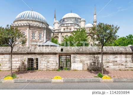 Sehzade Mehmet tomb, with Sehzade Mosque, in the far end, in Fatih district, on the third hill of Istanbul, Turkey 114203894