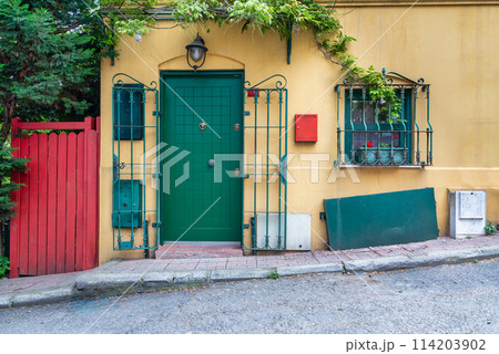 Charming yellow house with a green door and windows, surrounded by climber plants and flowers 114203902