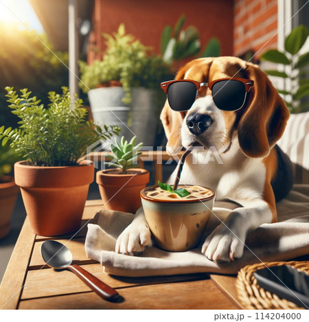 サングラスをかけてアイスコーヒーを楽しむビーグル犬 114204000