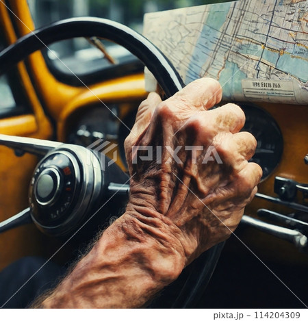 地図を見ながら運転をしている高齢ドライバー 114204309