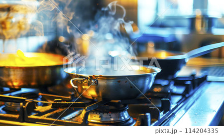 Steam Rising from Cooking Pots on Stove. 114204335