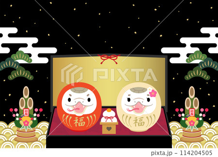 2025年　巳年　年賀状　紅白巳だるまと金屏風【黒】　文字なし 114204505