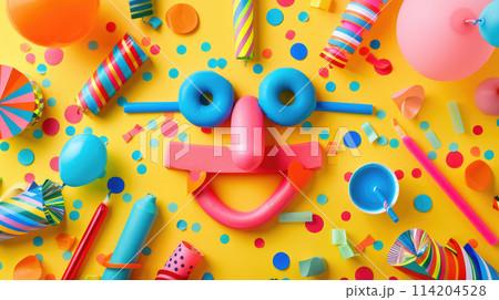 Funny face made of party items. April fool's day. Flatlay on bright background 114204528
