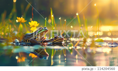 Frogs in the pond with bokeh light. A tranquil green pond background 114204560