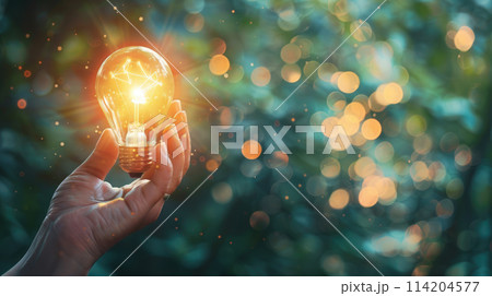 Hand holding a bright luminous Light Bulb on bokeh background. Copy space Hand holding a bright luminous Light Bulb on bokeh background. Copy space 114204577
