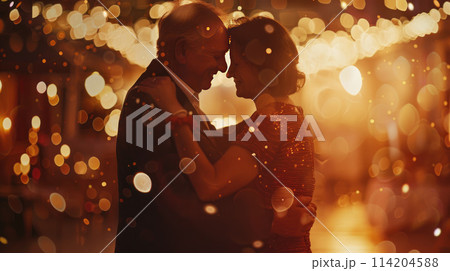 Happy romantic senior couple is hugging and dancing together. Bokeh light around Happy romantic senior couple is hugging and dancing together. Bokeh light around 114204588