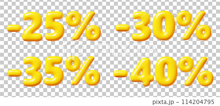 Balloon number with percent sign for sale concept. 3d render illustration set of yellow plastic glossy discount typography. Cartoon bubble element percentage off for special offer promotion. 114204795