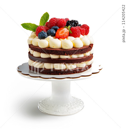 白いケーキスタンドに乗せたチョコレートとクリームとベリーのケーキ　白背景の切り抜き 114205422