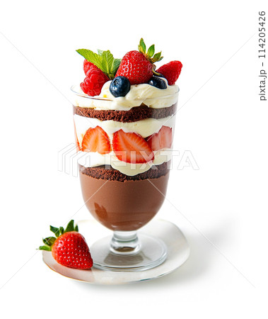 いちごとチョコレートのパフェ 白背景の切り抜き いちごとチョコレートのパフェ 白背景の切り抜き 114205426