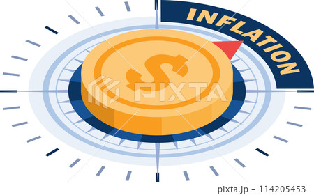 Isometric Dollar Coin Compass Pointing to Inflation 114205453