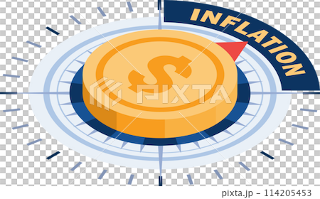 Isometric Dollar Coin Compass Pointing to Inflation 114205453