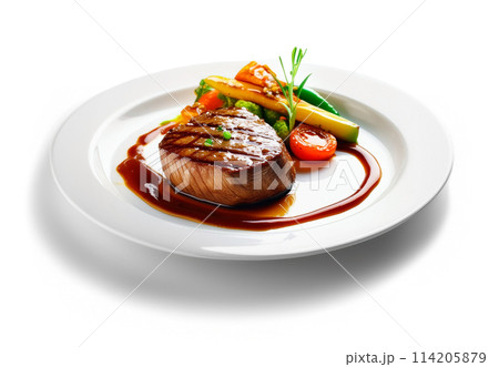 牛肉のグリルステーキと彩り野菜のプレート　白背景の切り抜き 114205879