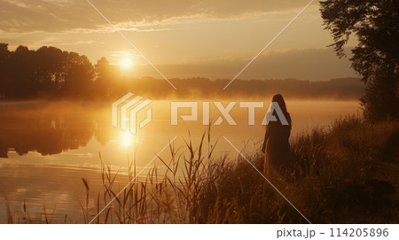 Divine Serenity: Woman's Contemplation at Dawn. Generative AI	 114205896