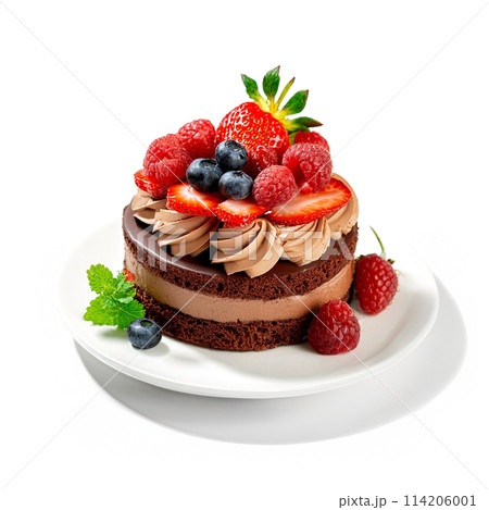 白い皿に乗せたチョコレートと苺のケーキ 白背景の切り抜き 白い皿に乗せたチョコレートと苺のケーキ 白背景の切り抜き 114206001
