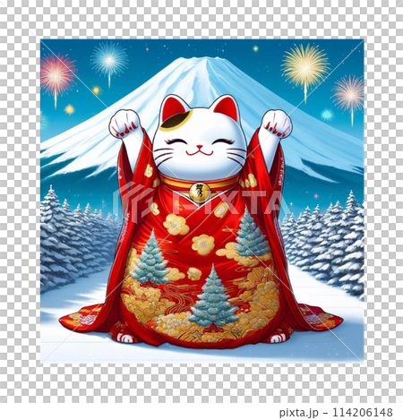 Be happy with the power of Maneki Neko. Maneki Neko and Fujisan, cats that bring good luck. Manga. Generative AI. 114206148