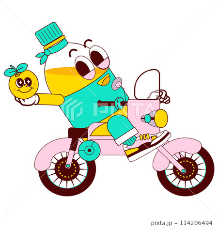 "A whimsical cartoon character resembling a cup, joyfully riding a scooter with a citrus fruit in hand, wearing a top hat, in vibrant colors." 114206494