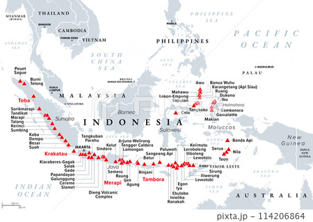 Major volcanoes in Indonesia, political map. Southeast Asian country dominated by volcanoes, formed by subduction zones, and part of Ring of Fire. Most notable are Krakatau, Merapi, Tambora and Toba. 114206864