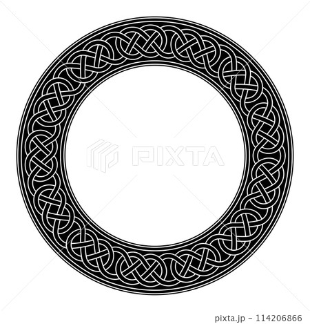 Celtic knotwork, circle frame with a decorative loop border, a pattern in typical Celtic style. Intertwined lines forming seamlessly connected sling knots. Black and white illustration. Vector 114206866
