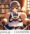 メイド服を着た少女が椅子に座って本を読んでいるイラスト 114206996