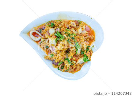Top view of Stir Fried Squid with Salted Egg Yolk, Thailand Food Style, focus selective Top view of Stir Fried Squid with Salted Egg Yolk, Thailand Food Style, focus selective 114207348