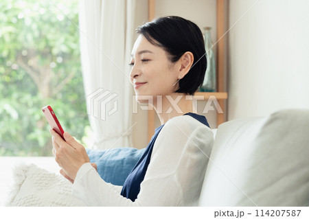 リビングでスマートフォンを操作する主婦 114207587