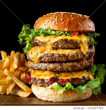 タワーのようにボリューミーなチーズハンバーガー　黒背景 114207783