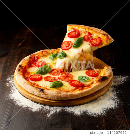 一枚のカットを持ち上げたピザ・マルゲリータ　黒背景 114207952