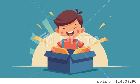 Happy boy opening a gift with excitement and joy Happy boy opening a gift with excitement and joy 114208290