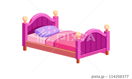 Pink wooden bed with cozy polka dot pillow Pink wooden bed with cozy polka dot pillow 114208377