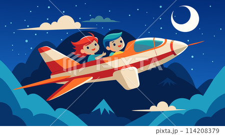 Cartoon children flying airplane above mountains at night 114208379