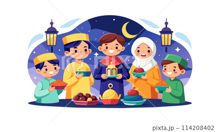 Happy Muslim family celebrating Ramadan together with food 114208402