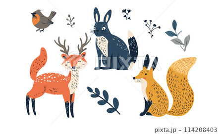 Group of animals grazing among leaves 114208403