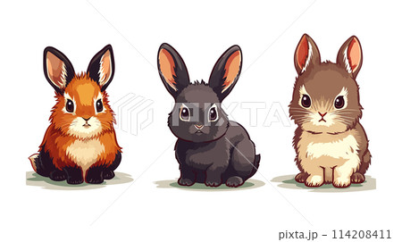 Group of three rabbits sitting together 114208411