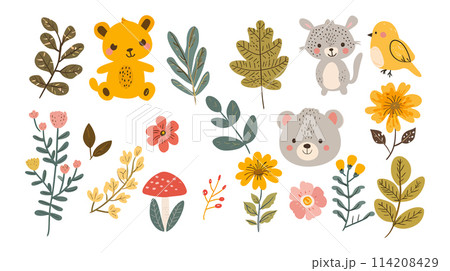 Cute woodland animals and floral illustration set 114208429