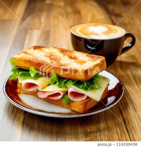 ハムとチーズと野菜のトーストサンドイッチとコーヒーのランチセット　木製テーブルの背景 114208436