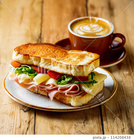 ハムとチーズと野菜のトーストサンドイッチとコーヒーのランチセット 木製テーブルの背景 ハムとチーズと野菜のトーストサンドイッチとコーヒーのランチセット 木製テーブルの背景 114208438