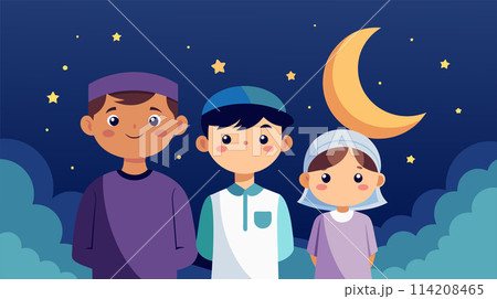 Cartoon Children Celebrating Ramadan Under the Crescent Moon 114208465