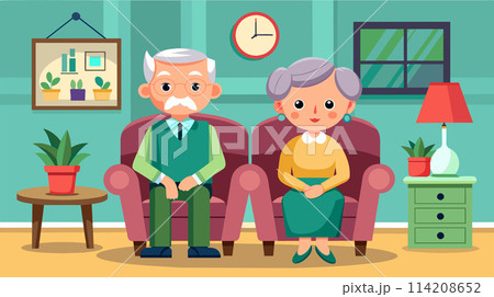 Senior couple relaxing together in a cozy living room Senior couple relaxing together in a cozy living room 114208652