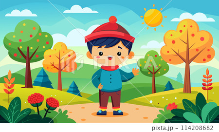 Happy cartoon boy greeting in a colorful autumn landscape Happy cartoon boy greeting in a colorful autumn landscape 114208682