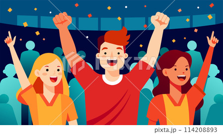 Jubilant Fans Celebrating Victory at a Nighttime Sports Event Jubilant Fans Celebrating Victory at a Nighttime Sports Event 114208893
