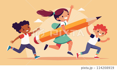 Group of Kids Running With Giant Pencil 114208919