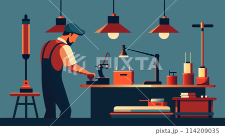 Craftsman Working at Bench in Illustrated Workshop 114209035