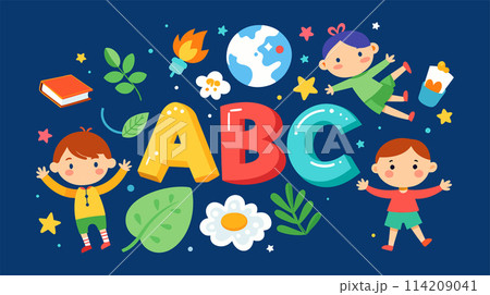 Playful children and educational elements on blue background Playful children and educational elements on blue background 114209041