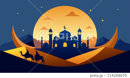Camel riders silhouetted against a desert mosque at dusk 114209070