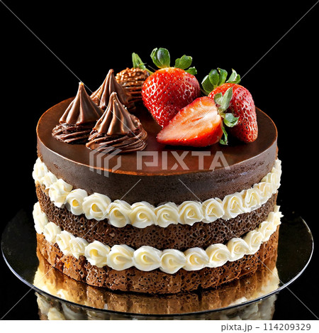 チョコレートと苺の華やかなデコレーション　黒背景 114209329