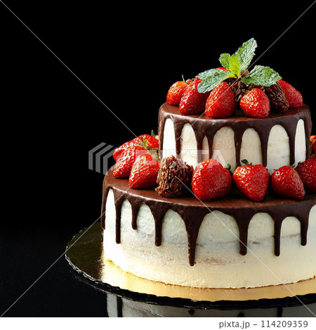 チョコレートと苺の華やかなデコレーション　黒背景 114209359